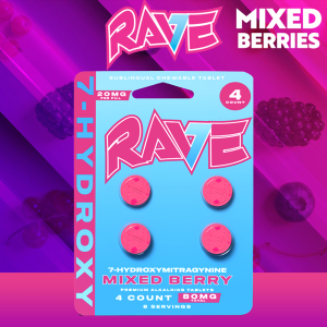 Rave Kratom 7 Hydroxy 20mg Mixed Berries Tablets - Pack Of 4*