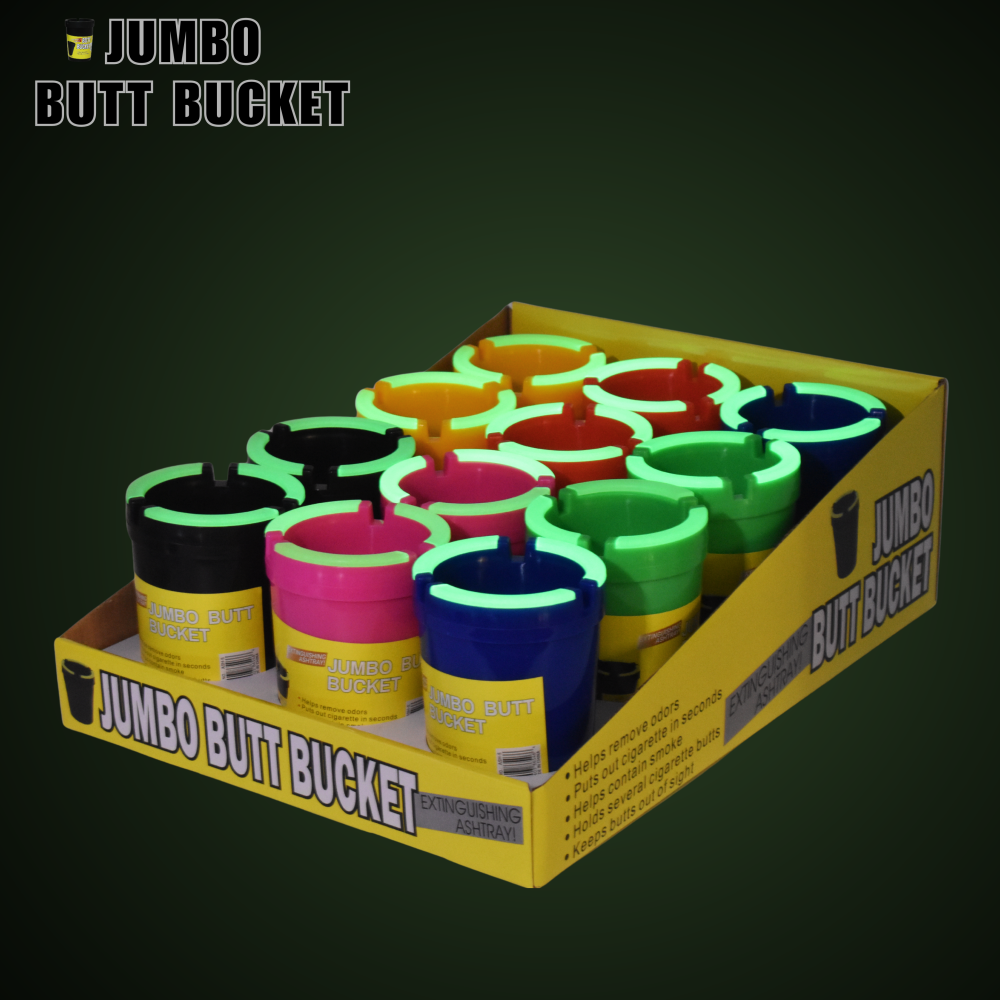 jumbo glow in dark top butt bucket ashtray assorted colors 12ct display