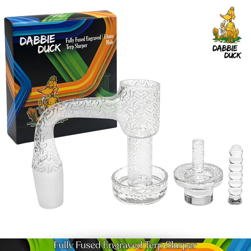 DABBIE DUCK 14mm Male 90° Fully Fused Terp Slurper Kit - Carb Cap & Connected Quartz Beards