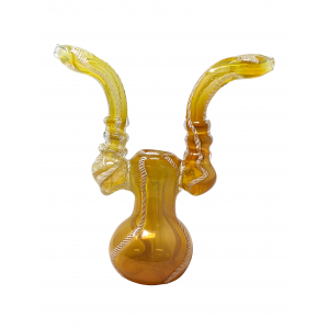 7.5" Gold Fumed Three Ring Double Mouth Bubbler Hand Pipe - [NAP07]