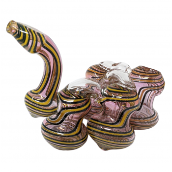 6" Gold Fumed Curl Line Flat Mouth Quadrouple Chamber Bubbler Hand Pipe - [STJ119]
