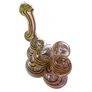 6" Gold Fumed Curl Line Flat Mouth Quadrouple Chamber Bubbler Hand Pipe - [STJ119]