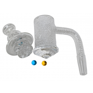 Diamond Bottom Quartz Banger with full Deep Carving Pattern with 2 terp pearls & 1 glass carb cap - 10mm Male Joint  [DSQ839]