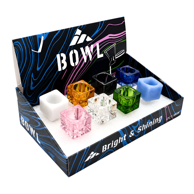 Square Cube 14mm Male Glass Pipe Bowl – 8ct Display – Assorted Colors