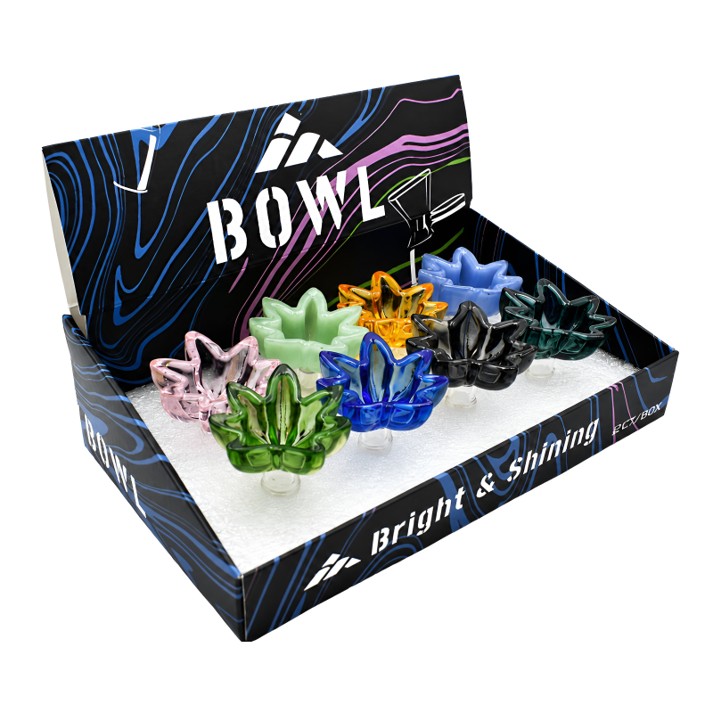 Pot Leaf 14mm Male Glass Pipe Bowl – 8ct Display – Assorted Colors
