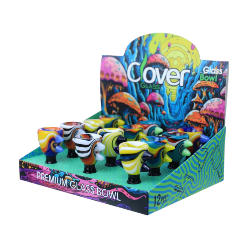 Clover Glass 14mm Multi-Color Swirl Glass Bowl with Triple Side Knobs – 12ct Display