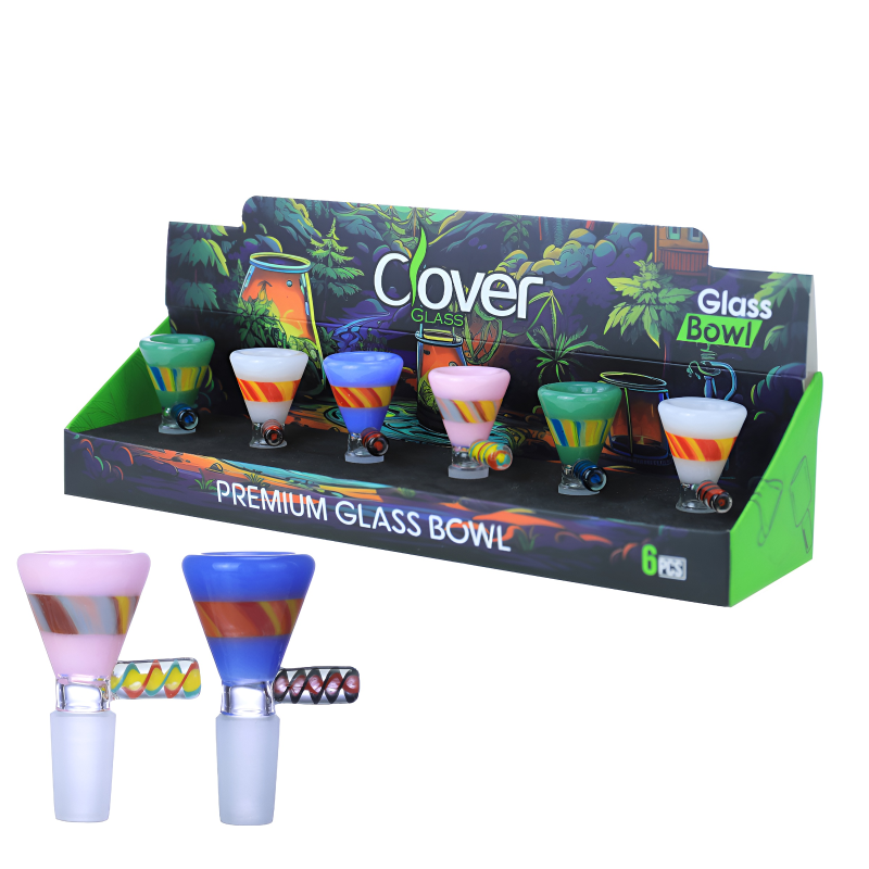 Clover Glass 14mm/18mm Spiral Handle Glass Bowl – Assorted Colors – 6ct Display
