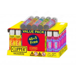 Clipper Reuseable Lighters - New Tie Dye -  48ct Display + 5ct Free
