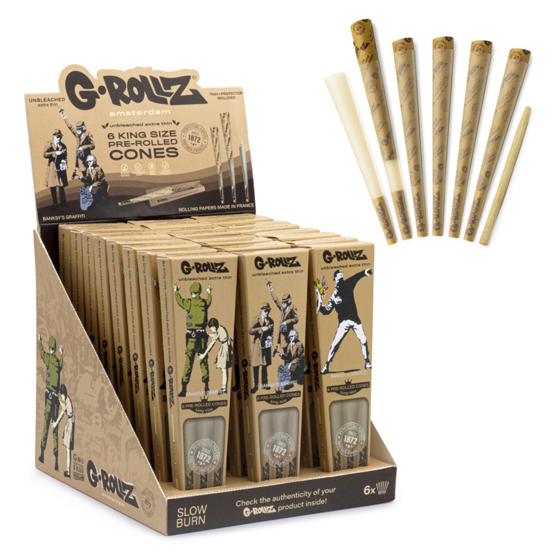 G-ROLLZ | Banksy's Graffiti - Bamboo Unbleached - 6 King Size Cones / 24 Packs In Display - [BG1171KA]
