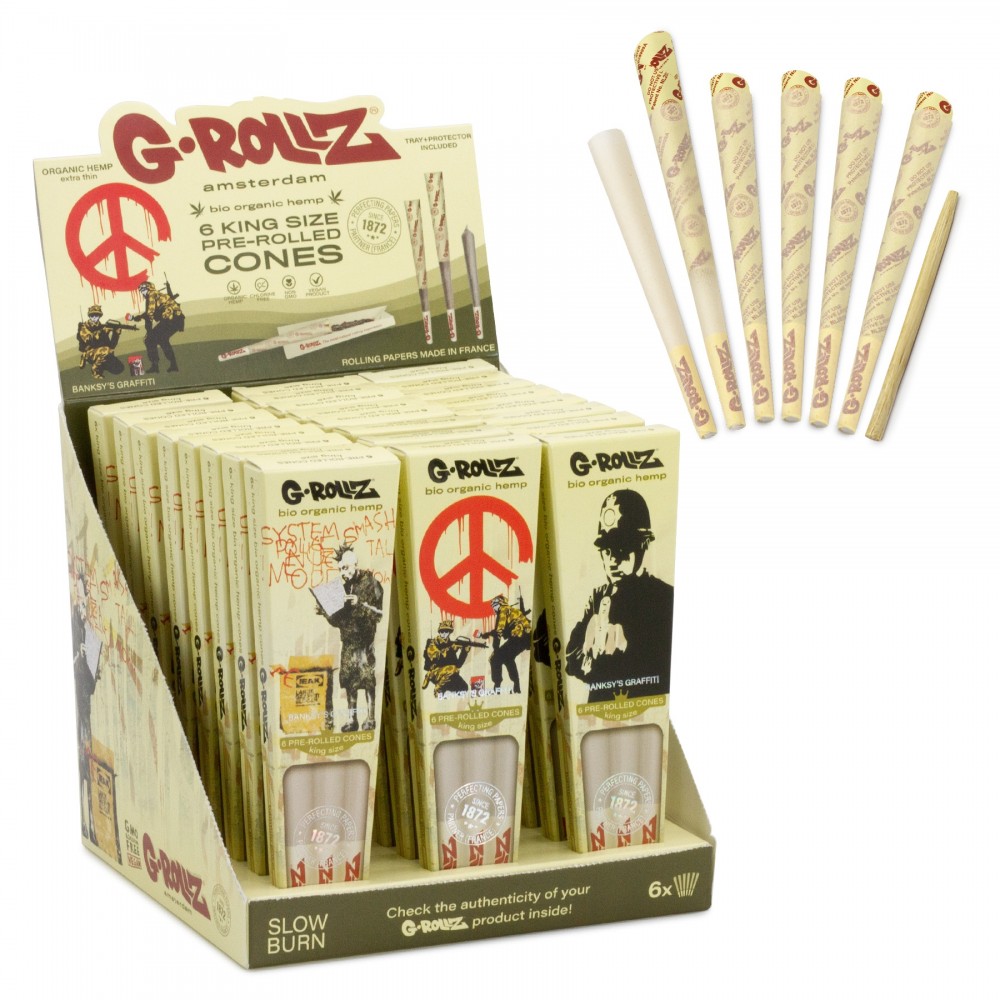 G-ROLLZ | Banksy s Graffiti - Organic Hemp Extra Thin - 6 King Size Cones / 24 Packs In Display - [BG1173KA]