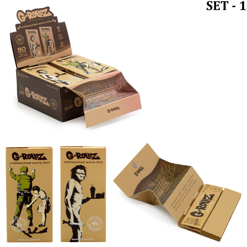 G-ROLLZ | Banksy's Graffiti  King Size  - Unbleached Extra Thin - 50 King Size Papers + Tips & Tray - [BG70DIS]