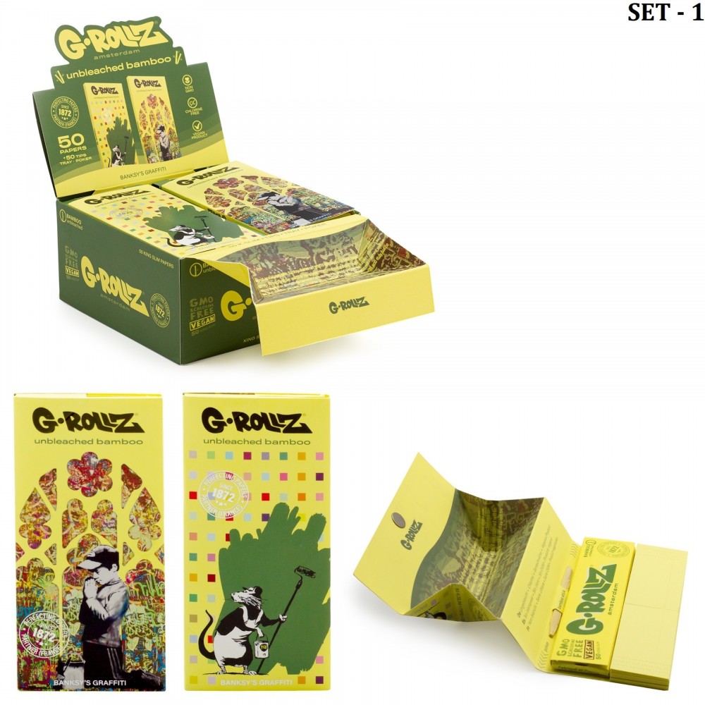 G-ROLLZ | Banksy s Graffiti King Size - Bamboo Unbleached - 50 King Size Papers + Tips & Tray - [BG71]