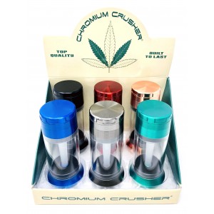 Chromium Crusher Funnel Grinder 110mm W/ Acrylic Chamber - Assorted Colors - 6ct Display [70415]