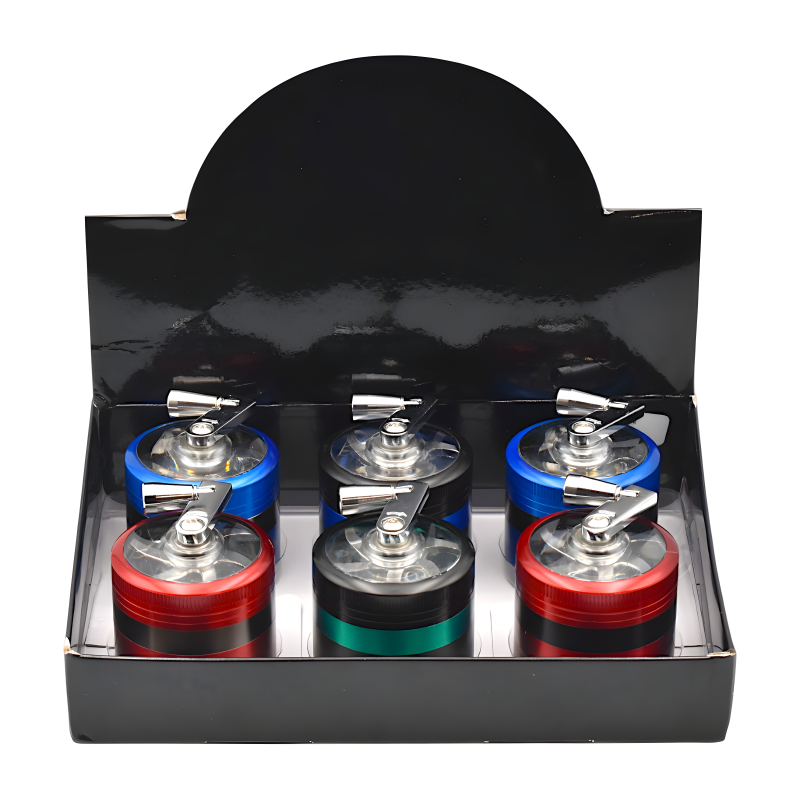63mm Assorted Color 4-Part Metal Herb Grinder with Handle – 6ct Display
