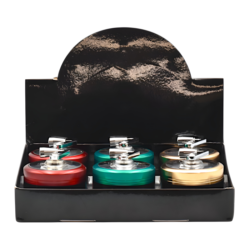 55mm Assorted Color 4-Part Metal Herb Grinder with Handle – 6ct Display