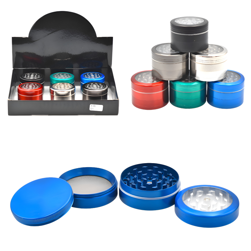 52mm Assorted Color 4-Part Metal Herb Grinder – 6ct Display