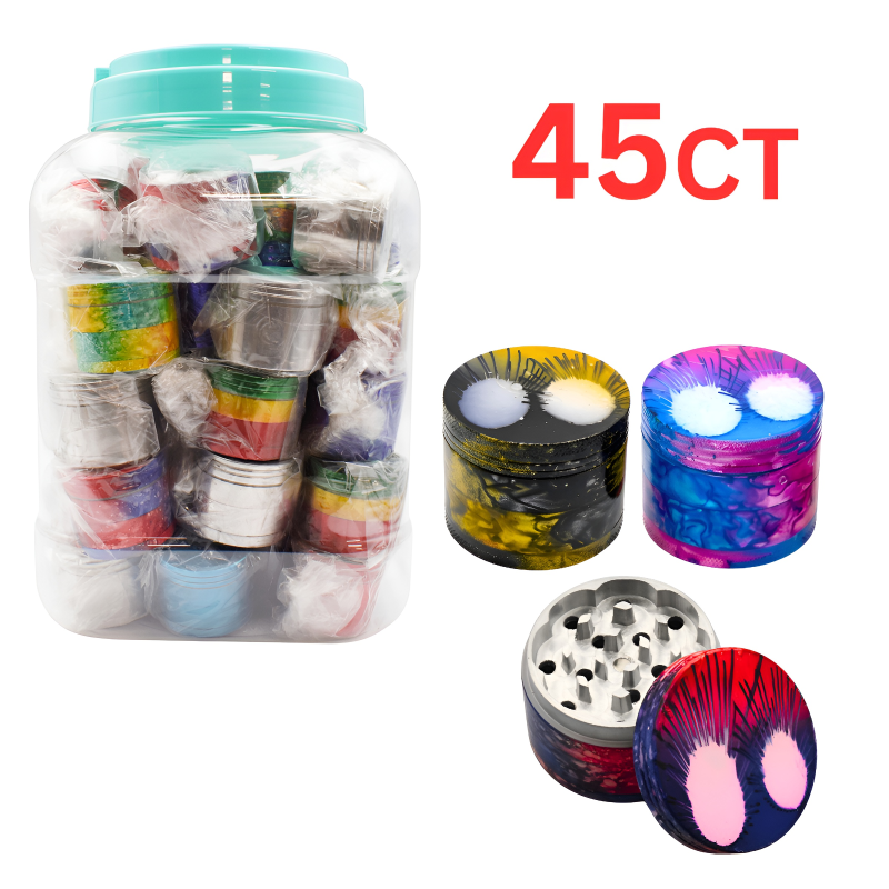 Assorted Designs 42mm 4-Part Metal Herb Grinders – 45ct Display Jar