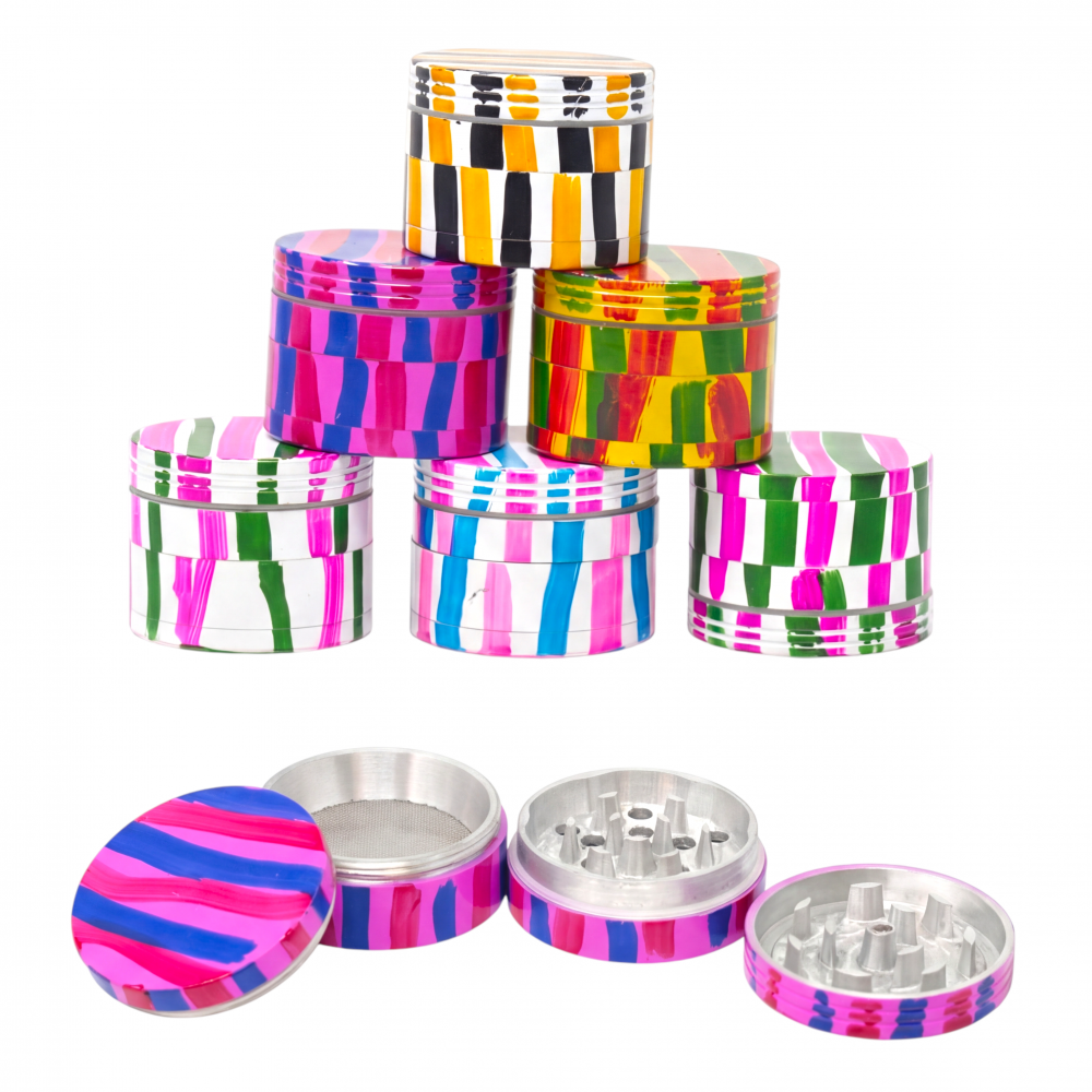 42mm assorted color stripe design 4-part herb grinder 6ct display