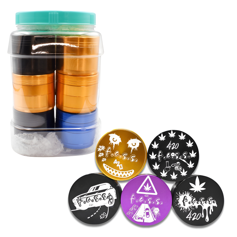 Assorted Colors & Designs 55mm 4-Part Metal Herb Grinders – 11ct Jar