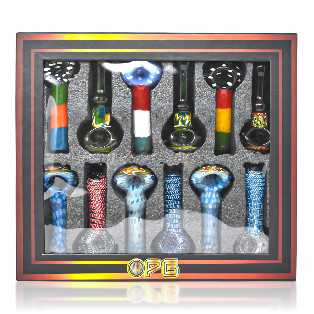 4" Swirly Design Hand Pipes – On Point Glass – Assorted 12 Count Display