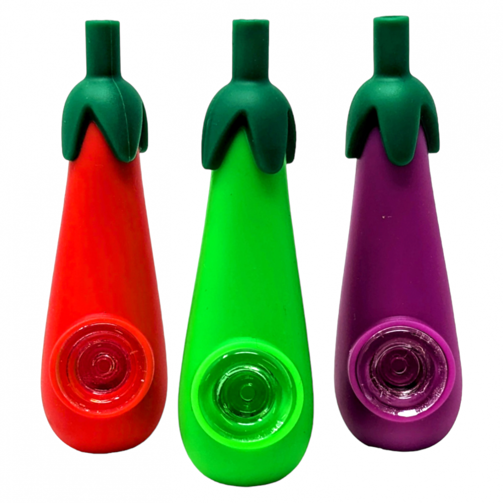 Eggplant Silicone Assorted Colors Hand Pipe W/ Glass Bowl - [WSG187]