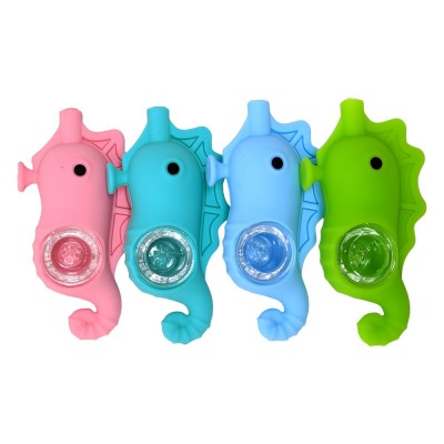 Seahorse Silicone Assorted Colors Hand Pipe W/ Glass Bowl - [WSG325]