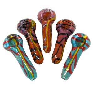 3.5" Assorted Frit Multi Swirl Line Ribbon Spoon Hand Pipe - (Pack of 5) [ZD223]