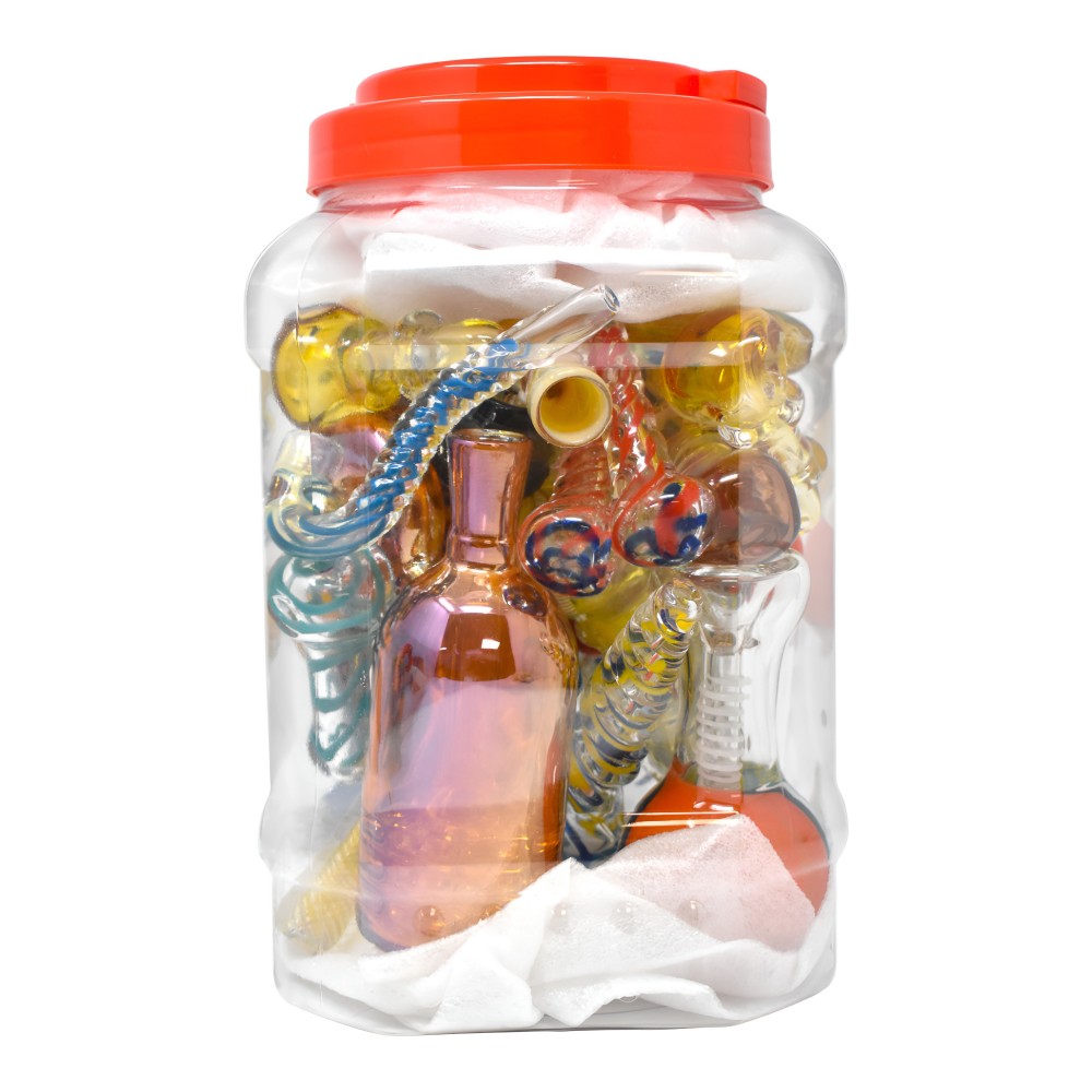 Mixed Pipe Galore Assorted Sizes and Designs Glass Hand Pipes 30 Count Display Jar