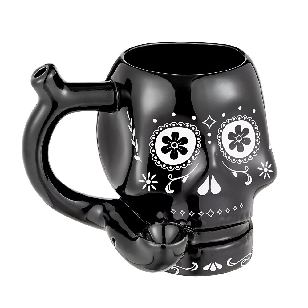 Skull Roast & Toast Mug in Black Black ceramic mug with white sugar skull design and built-in pipe