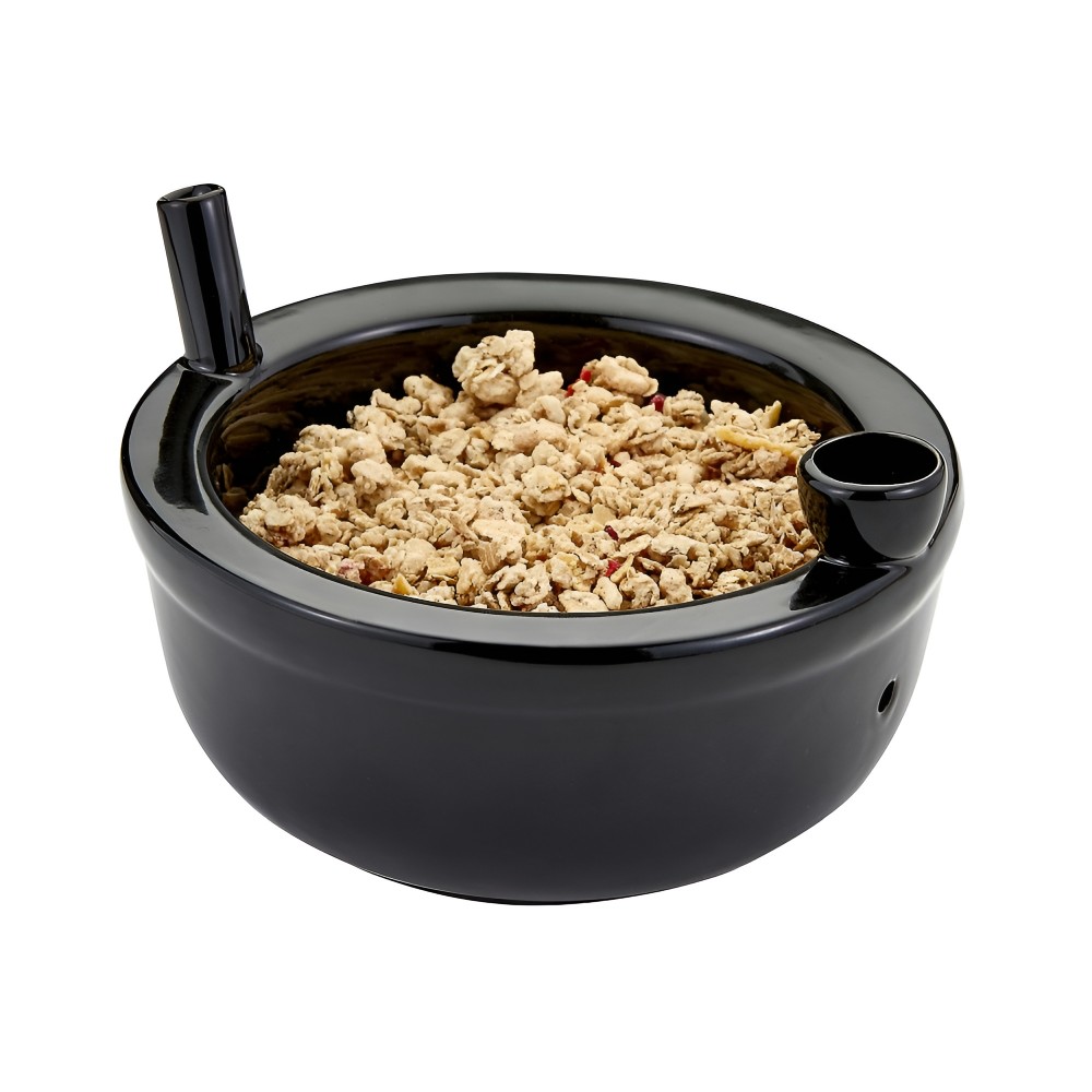 Ceramic cereal bowl with integrated pipe in shiny black finish