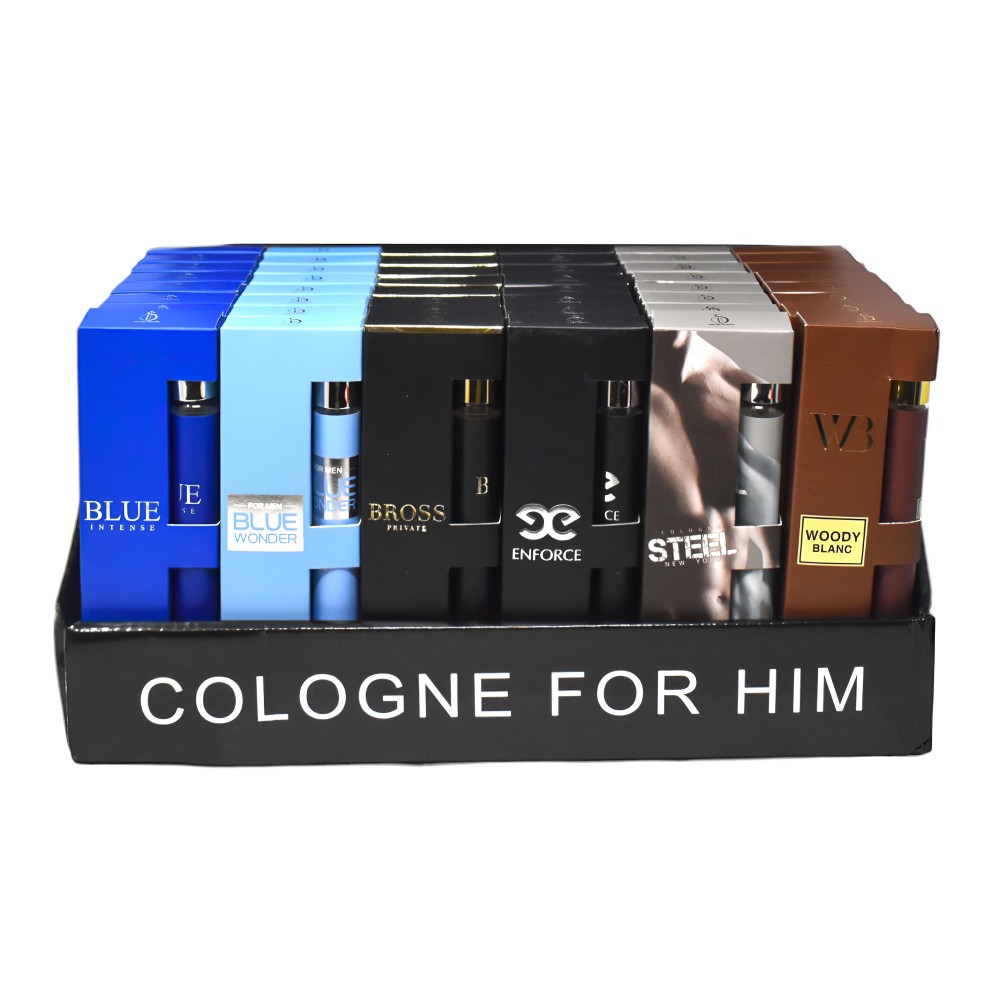 48-count display of Inspiration Cologne For Him with elegant bottle design