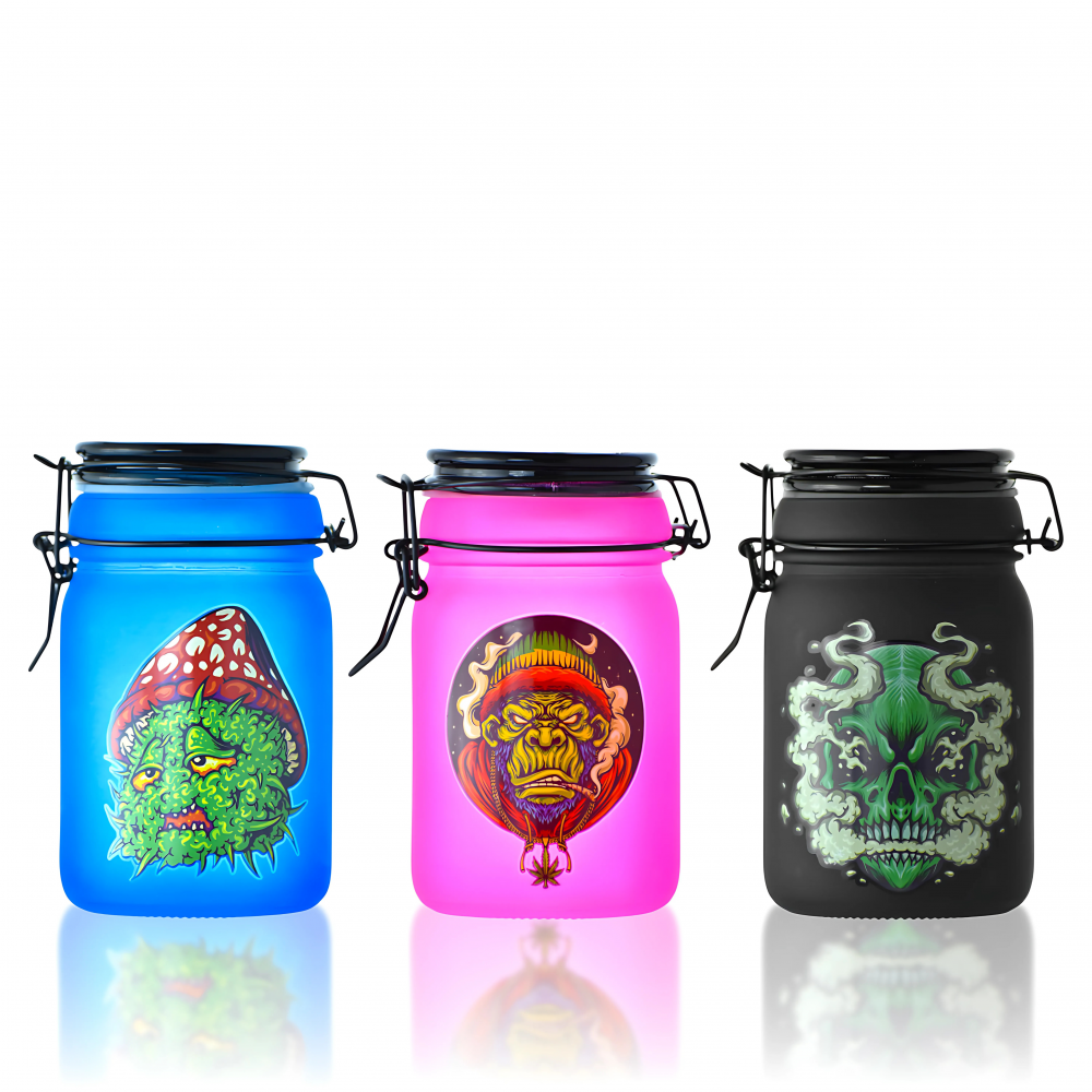 Frosted Airtight Stash Jar with Secure Clamp Lid - Design 4 - Stylish and Secure Storage Jar