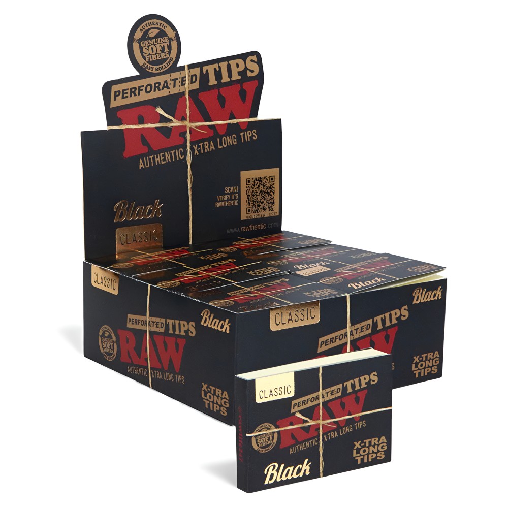 RAW® Black Perforated X-TRA Long Tips 40 Count Pack – Display of 36