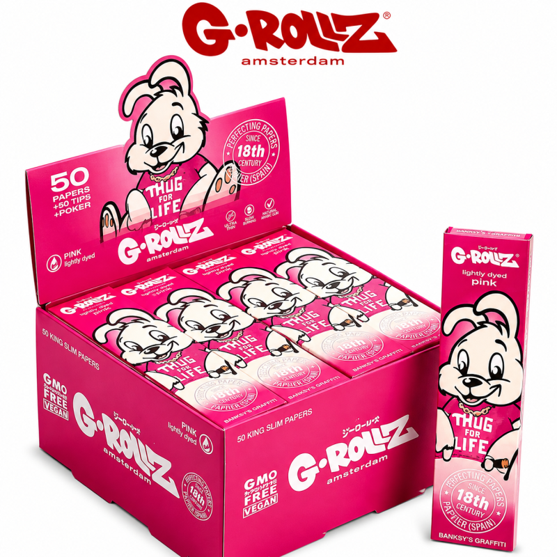 G-Rollz King Size Pink Slim Rolling Papers + Tips – 50 Sleeves | 20 Pack Display