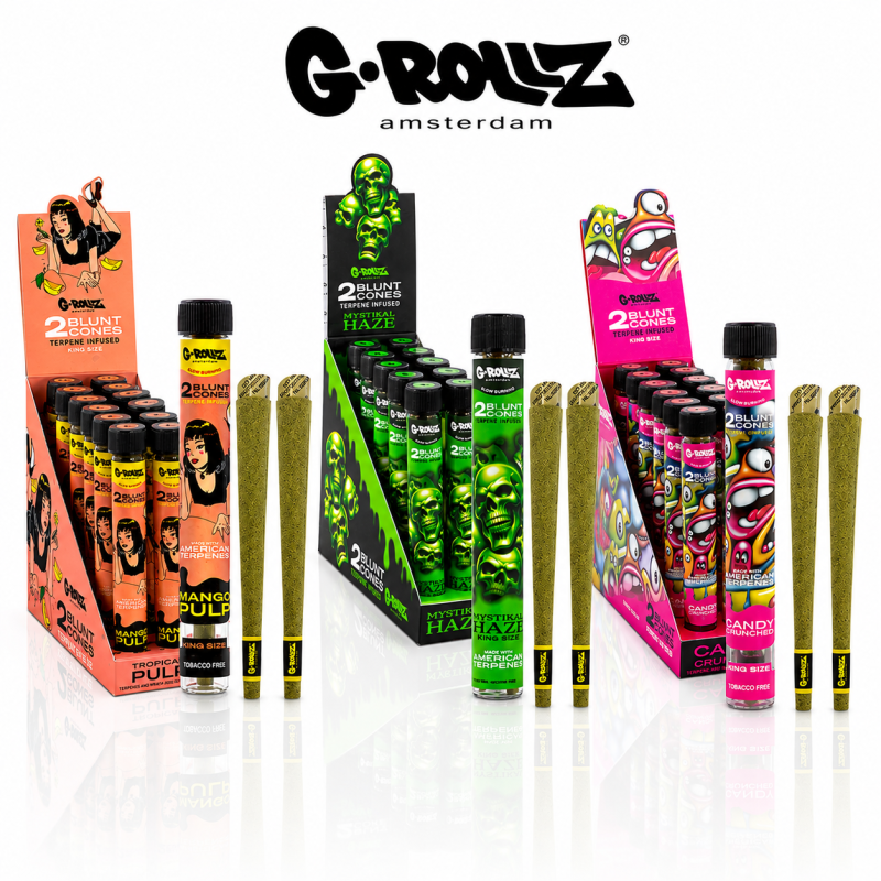 G-Rollz King Size Terpene-Infused Pre-Rolled Cones &ndash; 2 Pack | 12 Glass Tube Display