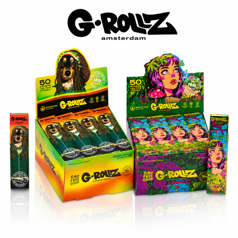 G-Rollz Organic Hemp King Size Green Slim Rolling Papers + Tips &ndash; 50 Sleeves|20 Pack Display 