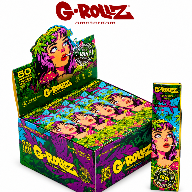 G-Rollz Organic Hemp King Size Green Slim Rolling Papers + Tips – 50 Sleeves|20 Pack Display 