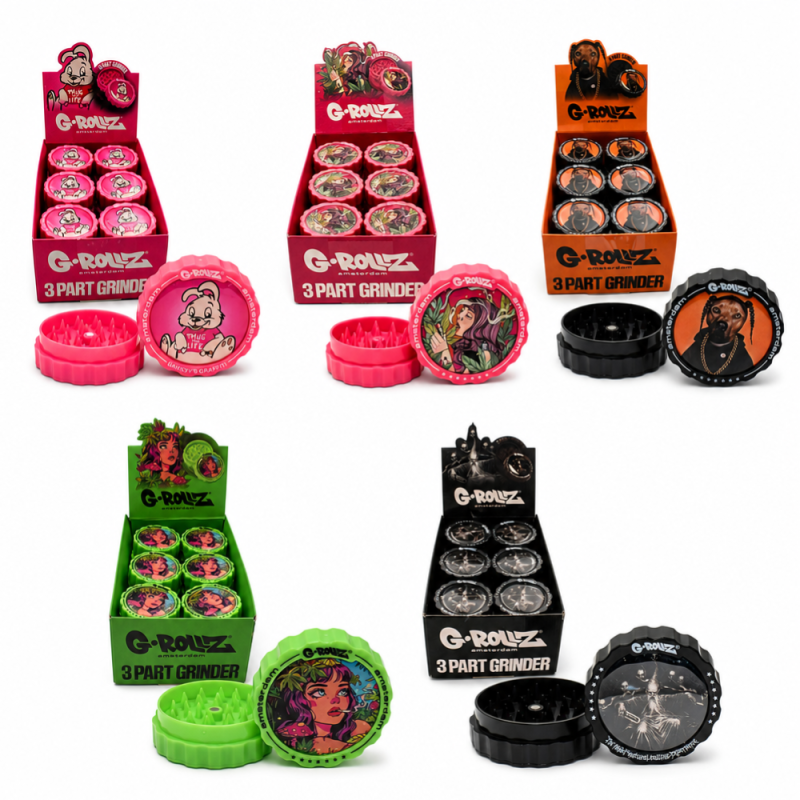 G-Rollz 53mm 3-Part Plastic Herb Grinders – 18ct Display