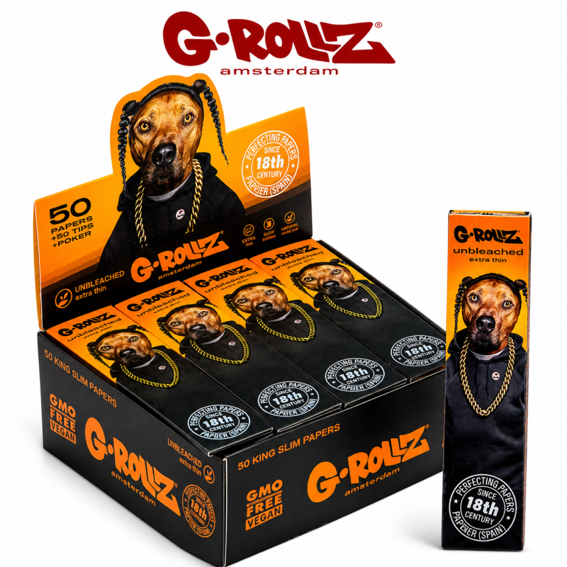 G-Rollz Rap Unbleached King Size Slim Rolling Papers + Tips – 50 Sleeves | 20 Pack Display