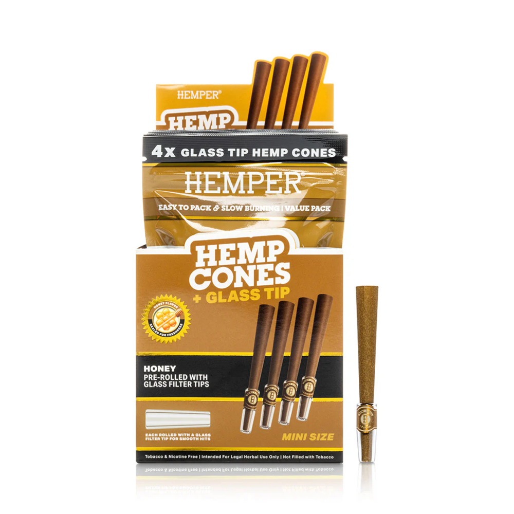 HEMPER Mini Size 1 1/4 Hemp Cones + Glass Tip - Premium Mini Cones with Glass Tips