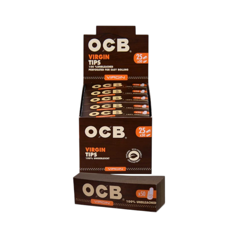 OCB Virgin Unbleached Flat Paper Tips – 50 Tips | 25 Pack Display