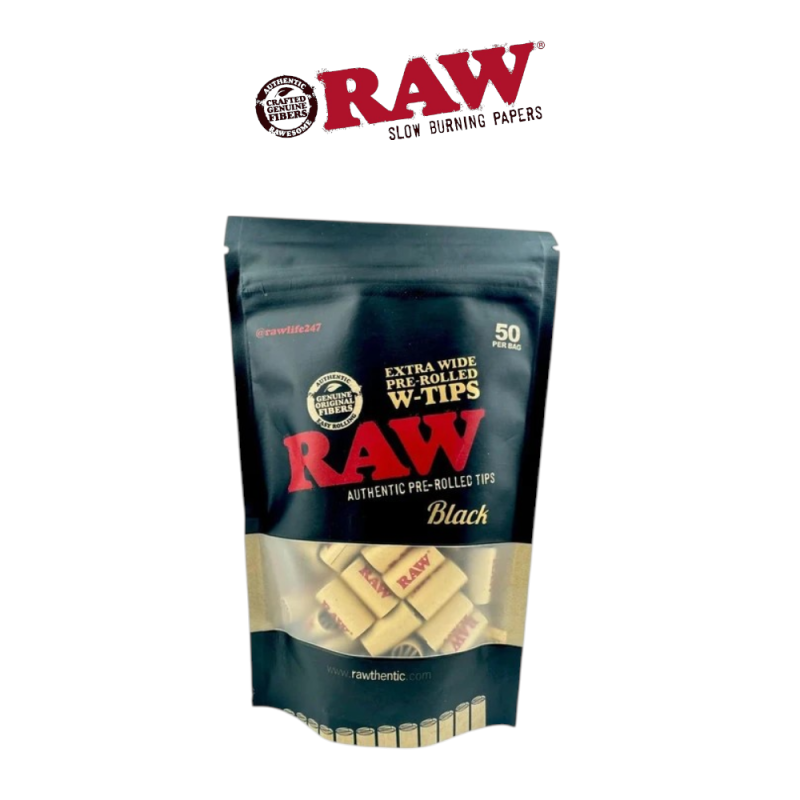RAW® Black Extra Wide Pre-Rolled Tips – 50 Tips per Bag