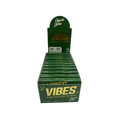 Vibes Organic Hemp Rolling Papers 1 1/4 + Tips – Green Pack – 24pk Display