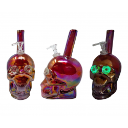 9" Skull Head with Glow In The Dark Eyes Soft Glass Water Pipe - Glass On Glass [E1188G]