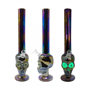 17" Skull Head with Glow In The Dark Eyes Soft Glass Water Pipe - Glass On Glass [E1190G]