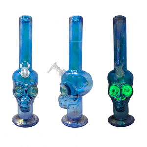 13" Glow In The Dark Skull Eyes Soft Glass Water Pipe - Glass On Glass [E1191G]