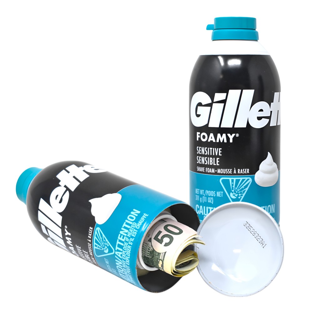 Gillette Sensitive Shaving Foam Stash Can with Hidden Bottom Compartment – 11oz 11oz Gillette Sensitive shaving foam can with removable bottom revealing hidden stash compartment