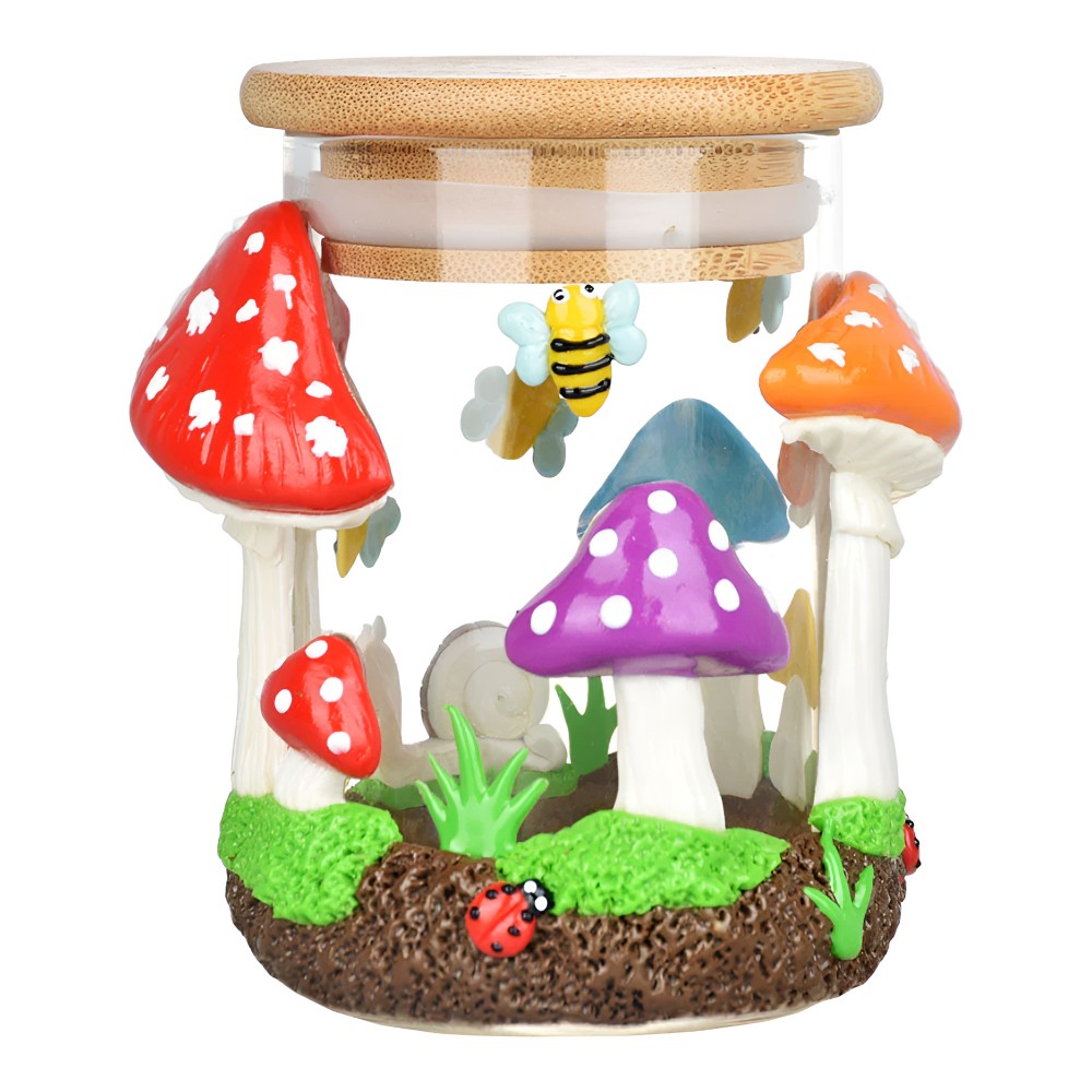 Glow-in-the-dark Enchanted Forest Stash Jar with colorful mushrooms, bees, ladybugs, and snail motifs, airtight bamboo Lid