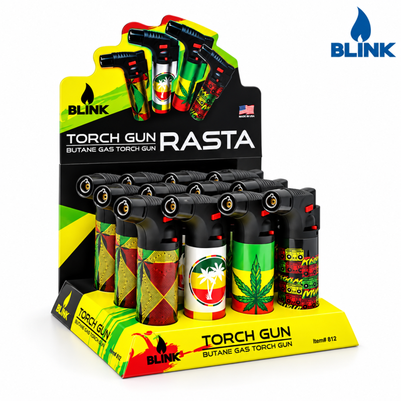 BLINK Torch Gun Lighter – Rasta Theme – 12ct Display