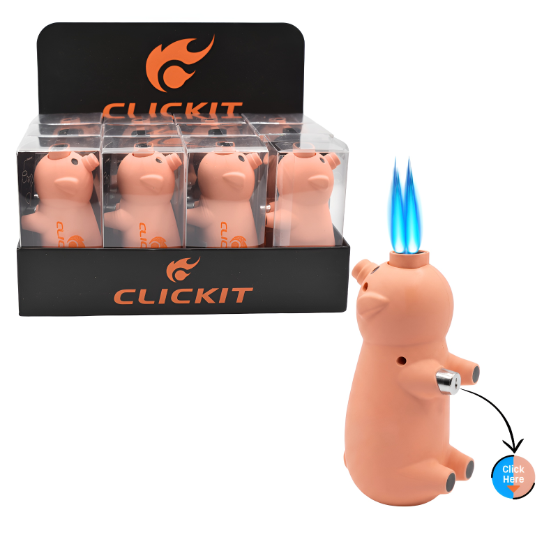 CLICKIT Pig Double Flame Torch Lighter – 12ct Display